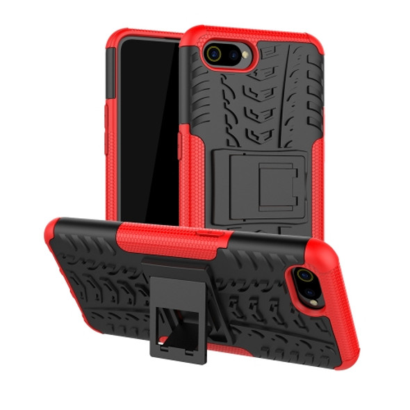 For OPPO Realme C2 Tire Texture Shockproof TPU+PC Protective Case with Holder(Red)