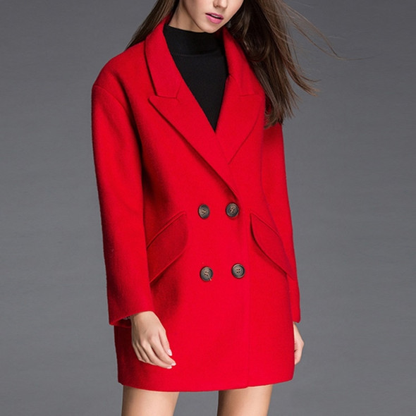 Fashion Solid Color Long-sleeved Suit Collar Wool Coat(Color:Red Size:XL)