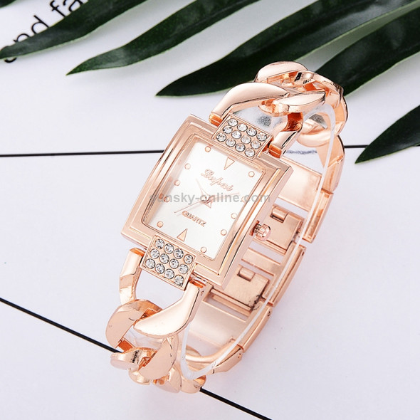 Square Dial Diamond Plated Hollow Alloy Bracelet Strap Quartz Watch for Women(Rose gold white flour)