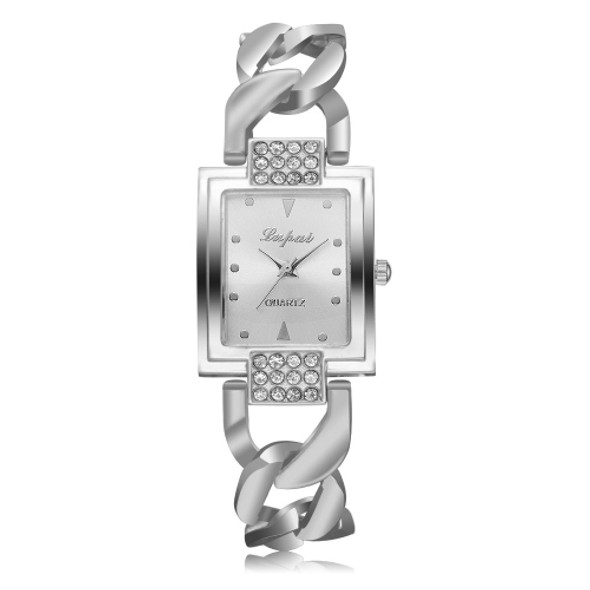 Square Dial Diamond Plated Hollow Alloy Bracelet Strap Quartz Watch for Women(Silver band white surface)