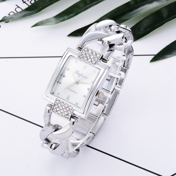 Square Dial Diamond Plated Hollow Alloy Bracelet Strap Quartz Watch for Women(Silver band white surface)