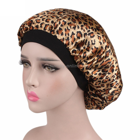 2 PCS Women Satin Night Sleep Cap Hair Bonnet Hat Silk Head Cover Wide Elastic Band(Leopard)