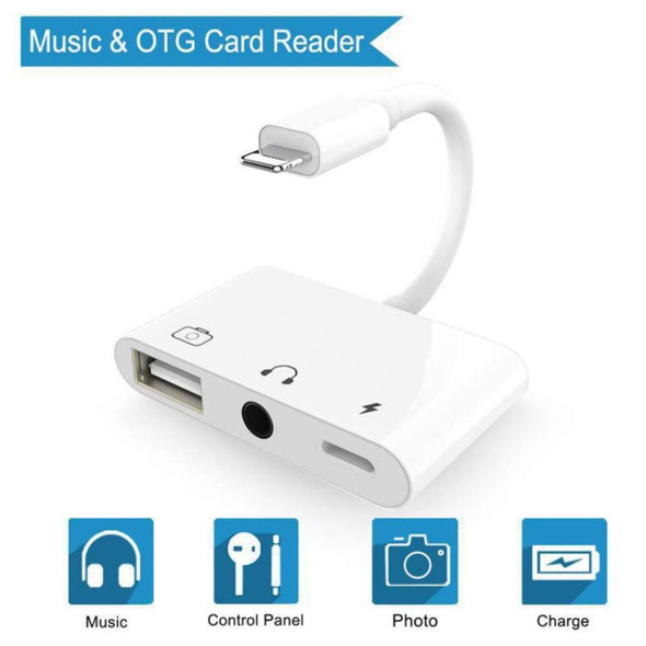 3 in 1 Multi-function 8 Pin + 3.5mm + USB 3.0 OTG to 8 Pin Male Fast Charging & Music Audio & Card Reading Adapter (White)