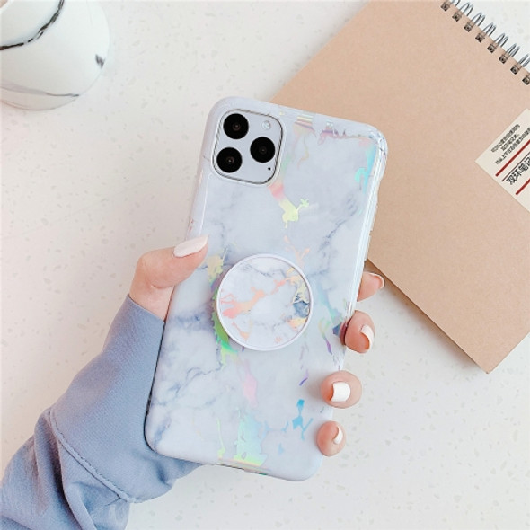 For iPhone 11  TPU Glossy Laser Marble Colorful Mobile Phone Protective Case with Folding Bracket(White)