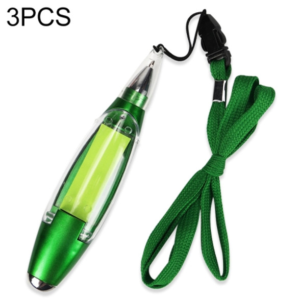 3 PCS Plastic Lamp Pen Multifunctional Lanyard Memo Pads Lamp Ballpoint Pen School Student Supplies(Green)