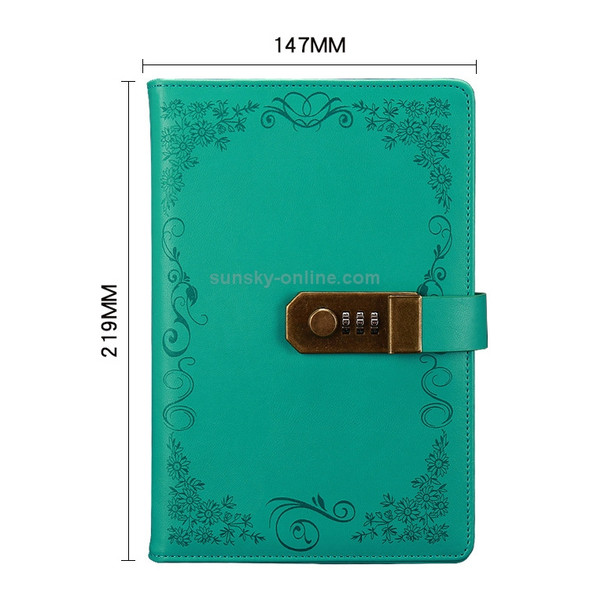 Retro Flowers Diary With Lock Notebook A5 Vintage Note Book Travel notepad(Green B)