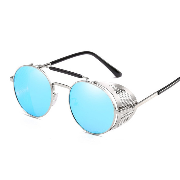 Retro Round Metal Sunglasses Unisex Design UV Protection Glasses(Silver+Blue)