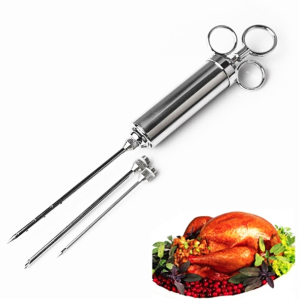 60ml Stainless Steel Syringe Dual Needles Condiment Turkey Meat Injector Cooking Tools (Silver)