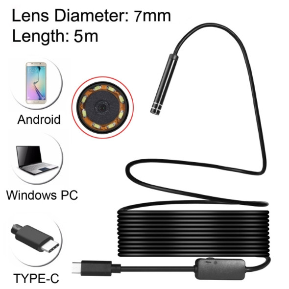 USB-C / Type-C Endoscope Waterproof IP67 Snake Tube Inspection Camera with 8 LED & USB Adapter, Length: 5m, Lens Diameter: 7mm