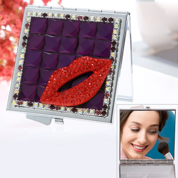 Handmade Diamond Mini Makeup Mirror Portable Double-sided Small Mirror Ruby Red Lips(Purple)