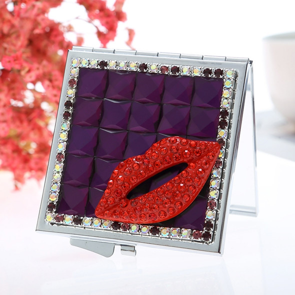 Handmade Diamond Mini Makeup Mirror Portable Double-sided Small Mirror Ruby Red Lips(Purple)