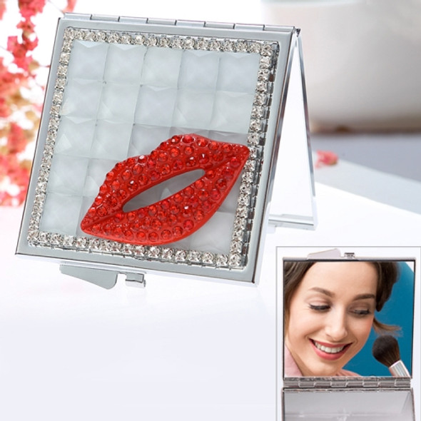 Handmade Diamond Mini Makeup Mirror Portable Double-sided Small Mirror Ruby Red Lips(White Crystal)