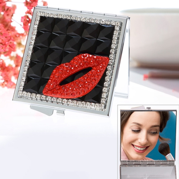 Handmade Diamond Mini Makeup Mirror Portable Double-sided Small Mirror Ruby Red Lips(Black)