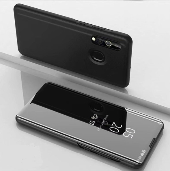 For Galaxy A20s Plated Mirror Horizontal Flip Leather Case with Holder(Black)