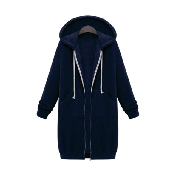 Women Hooded Long Sleeved Sweater In The Long Coat, Size:L(Navy Blue)