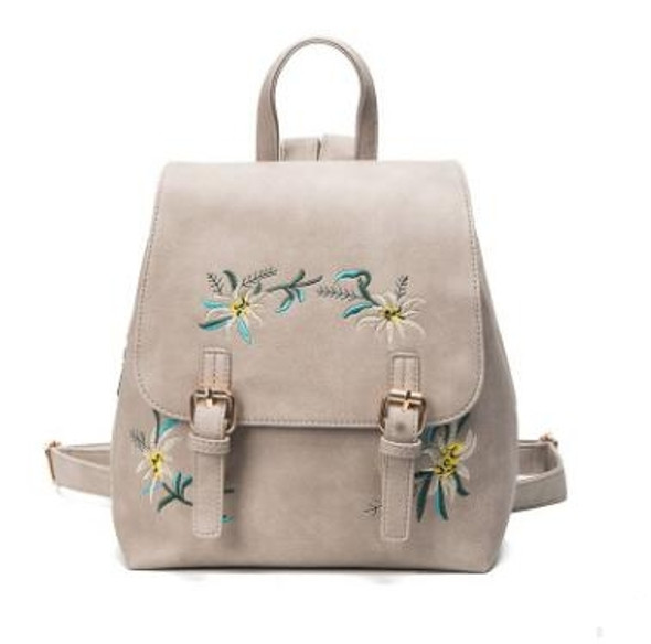 Embroidered Backpack PU Leather Ethnic Wind Shoulder Pack Backpacks(Gray)