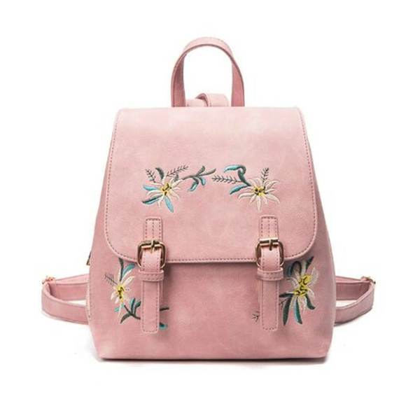 Embroidered Backpack PU Leather Ethnic Wind Shoulder Pack Backpacks(Pink)
