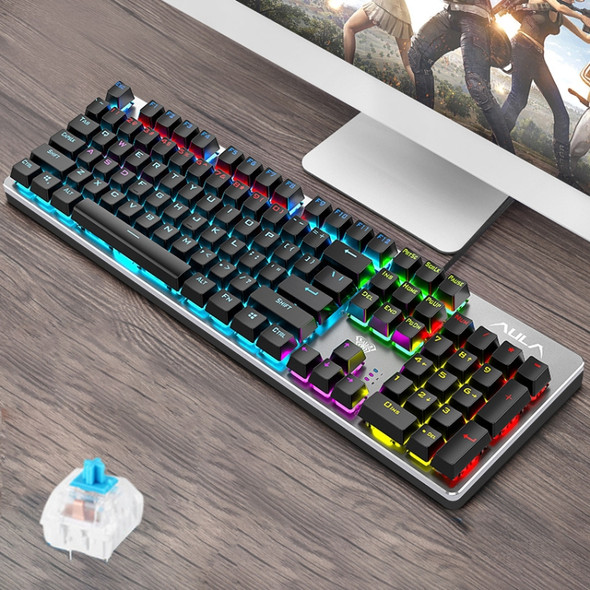 AULA F2068 104-keys Square Key Cap Mixing Light Mechanical Blue Switch Metal Panel Wired USB Gaming Keyboard, Length: 1.6m