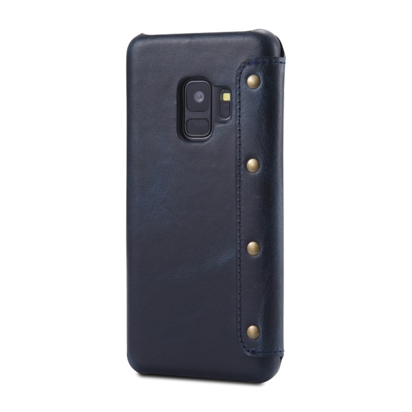 For Galaxy S9 Denior Oil Wax Cowhide Simple Horizontal Flip Leather Case with Card Slots & Wallet(Dark Blue)