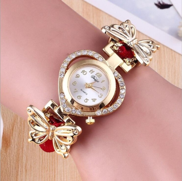 Women Heart Shaped Dial Diamond Stainless Steel Butterfly Bracelet Watch(Red)