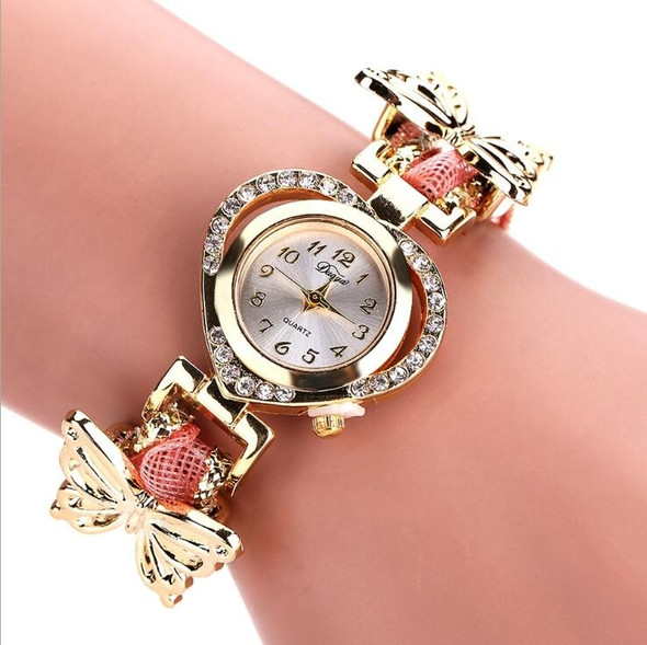 Women Heart Shaped Dial Diamond Stainless Steel Butterfly Bracelet Watch(Pink)