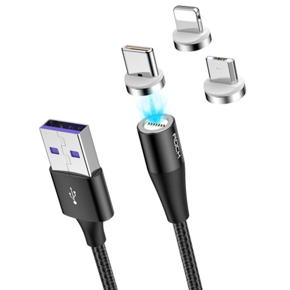 ROCK G1 5V 3A 3 in 1 8 Pin + Micro USB + USB-C / Type-C Magnetic Fast Charging Braided Data Cable, Length: 1m (Black)