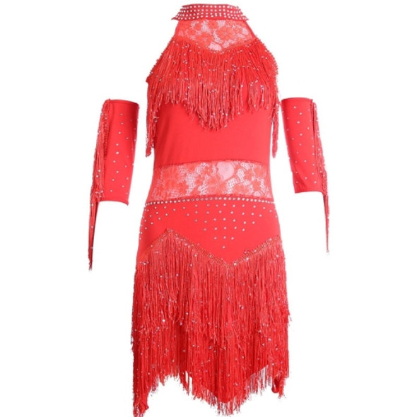 Women Fringe Turtleneck Two-Piece Ballet Skirt (Color:Red Size:L)