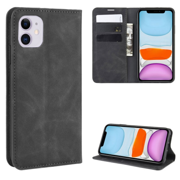 For iPhone 11   Retro-skin Business Magnetic Suction Leather Case with Purse-Bracket-Chuck(Black)