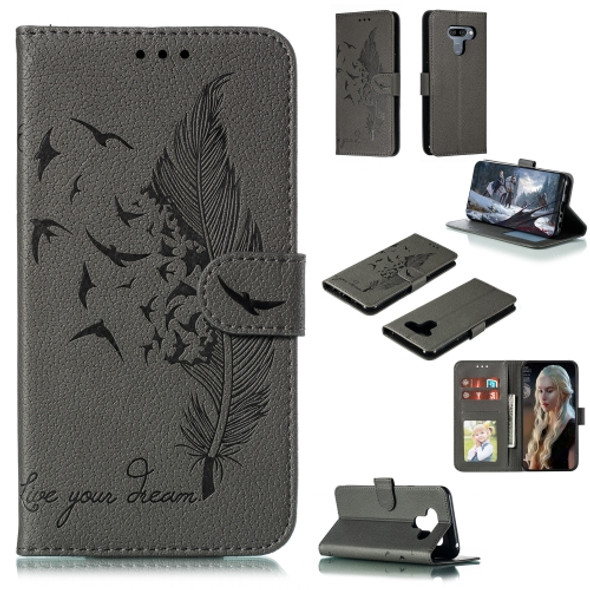 Feather Pattern Litchi Texture Horizontal Flip Leather Case with Wallet & Holder & Card Slots For LG K50(Gray)