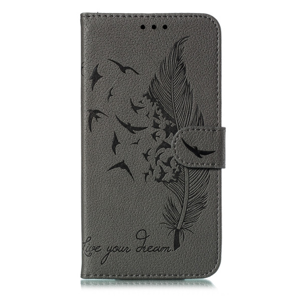 Feather Pattern Litchi Texture Horizontal Flip Leather Case with Wallet & Holder & Card Slots For LG K50(Gray)