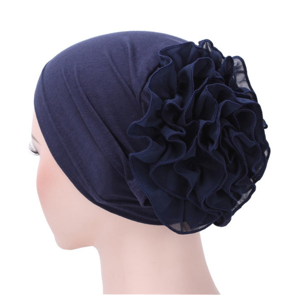 Solid Color Chiffon Big Cap Flower Pullover Turban Hat, Size:One Size(Navy Blue)