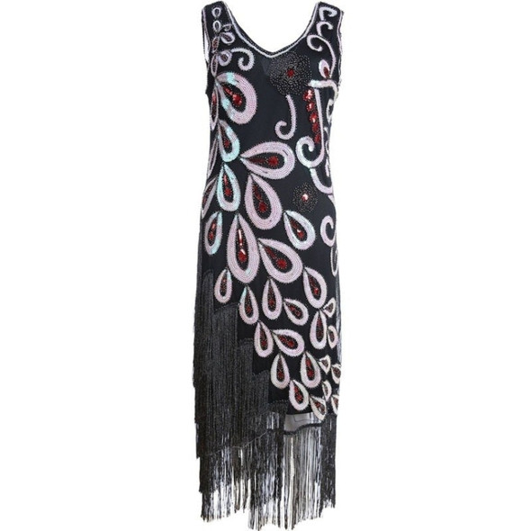 Women Tassel Beaded Tuxedo Dress (Color:Black Size:XXL)