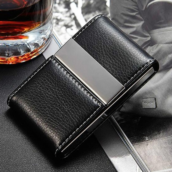 Double Open Stainless Steel Litchi Texture Card Case Card Holder(Black)