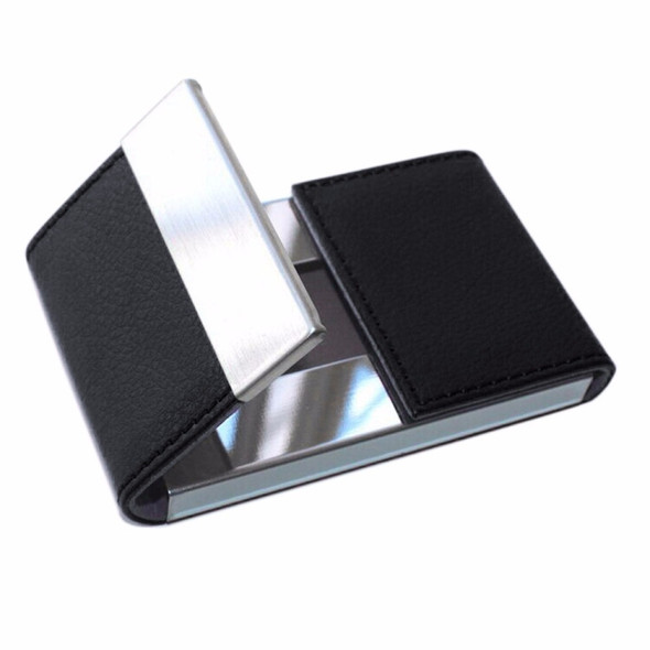 Double Open Stainless Steel Litchi Texture Card Case Card Holder(Black)