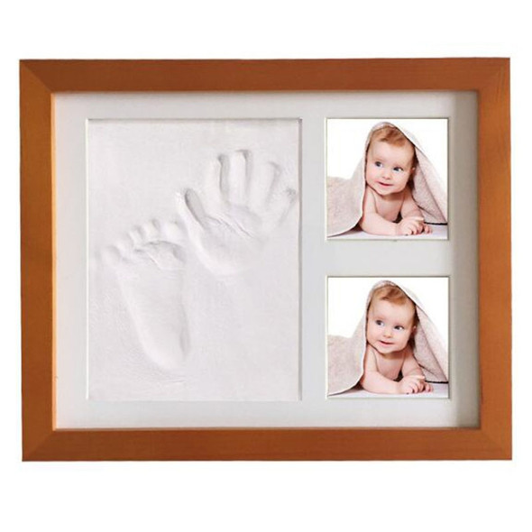 Solid Wood Three-frame BabyHands and Feet Mud Print Photo Frame with Cover(Brown Photo Frame White Mud)