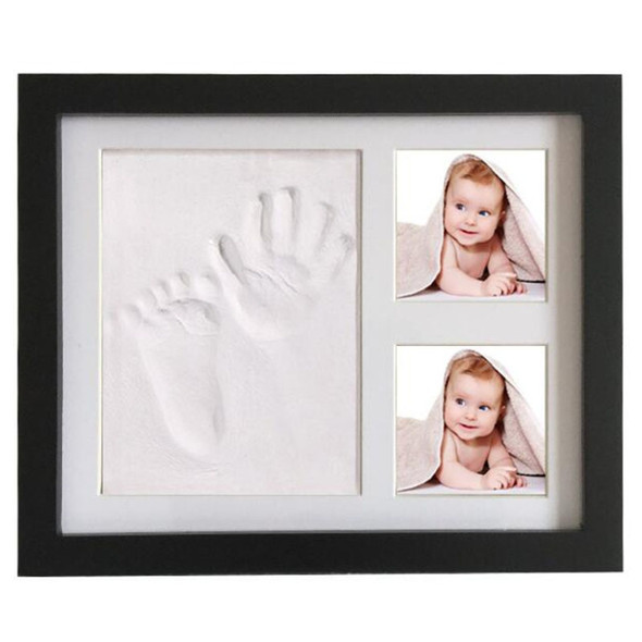 Solid Wood Three-frame BabyHands and Feet Mud Print Photo Frame with Cover(Black Photo Frame White Mud)