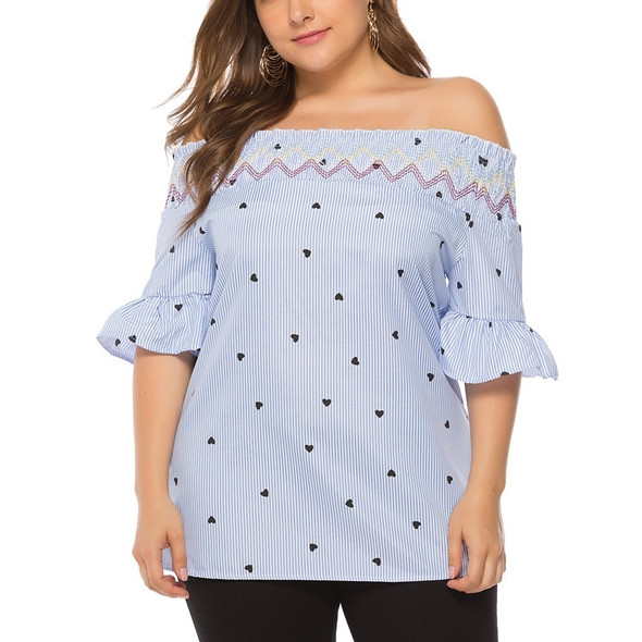 Star Pattern One-shoulder Lotus Leaf Sleeve Loose Large Size Shirt (Color:Blue Size: XXXL)