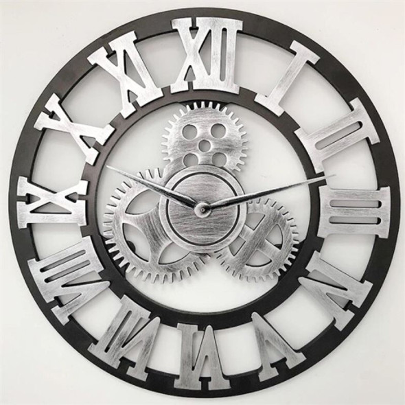 Retro Wooden Round Single-sided Gear Clock Rome Number Wall Clock, Diameter: 35cm(Silver)