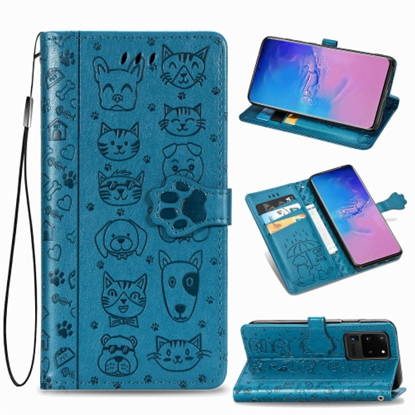 For Galaxy S20 Ultra Cute Cat and Dog Embossed Horizontal Flip PU Leather Case with Holder / Card Slot / Wallet / Lanyard(Blue)