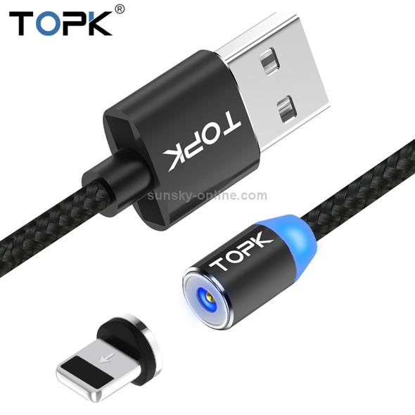 TOPK 1m 2.4A Max USB to 8 Pin Nylon Braided Magnetic Charging Cable with LED Indicator(Black)