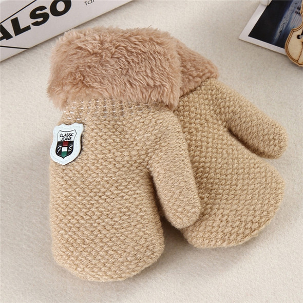 Winter Solid Color Label Knitted Plus Velvet Warm Mittens Children Gloves with Lanyard, Size:13 x 6cm(Beige)