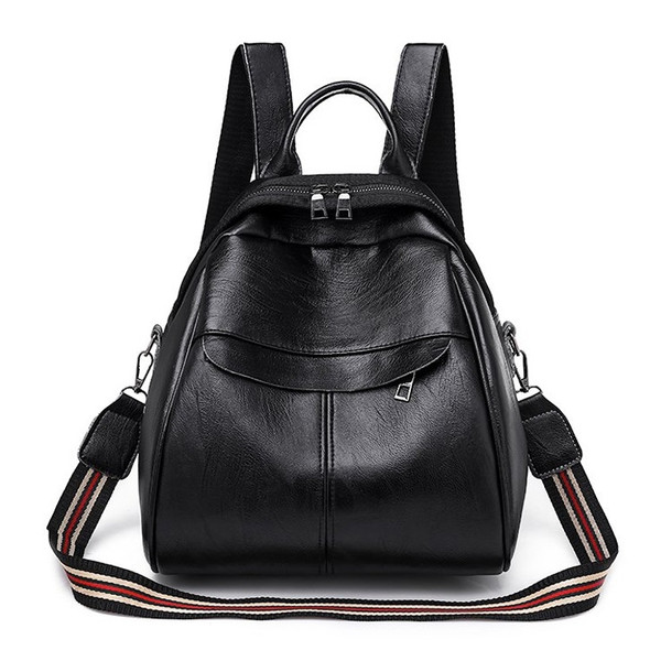 PU Leather Double Shoulders School Bag Travel Backpack Bag with Earphone Line Hole (Black)