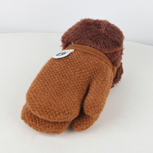 Winter Solid Color Label Knitted Plus Velvet Warm Mittens Children Gloves with Lanyard, Size:13 x 6cm(Shallow Khaki)