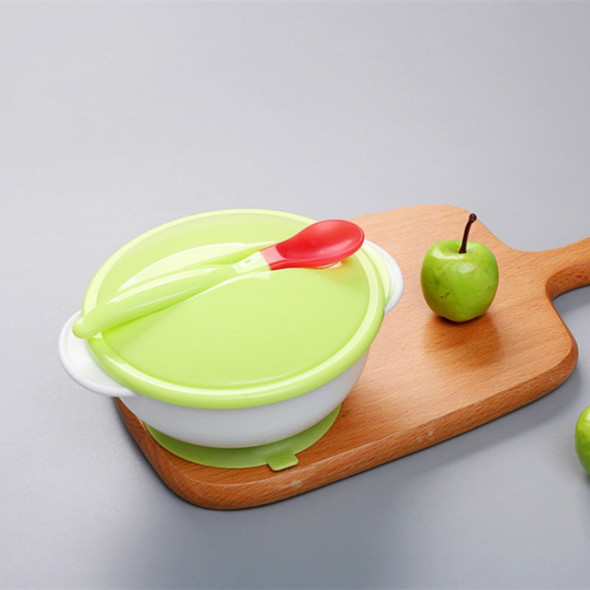 Children Sucker Temperature Spoon Cover Bowl Baby Drop-proof Training Bowl Infant Feeding Tableware(Green Bowl + Spoon)