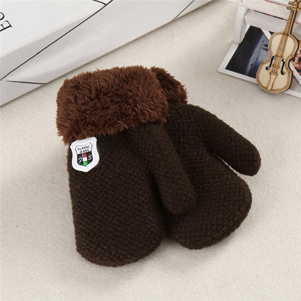 Winter Solid Color Label Knitted Plus Velvet Warm Mittens Children Gloves with Lanyard, Size:13 x 6cm(Dark Khaki)