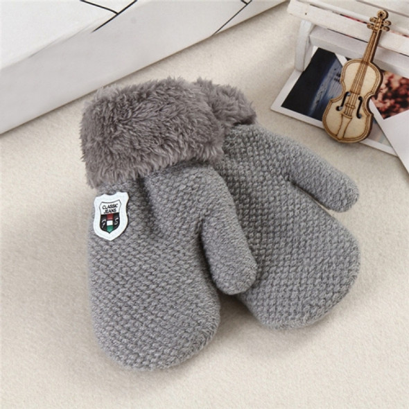Winter Solid Color Label Knitted Plus Velvet Warm Mittens Children Gloves with Lanyard, Size:13 x 6cm(Light Gray)