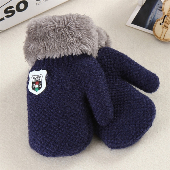 Winter Solid Color Label Knitted Plus Velvet Warm Mittens Children Gloves with Lanyard, Size:13 x 6cm(Navy)