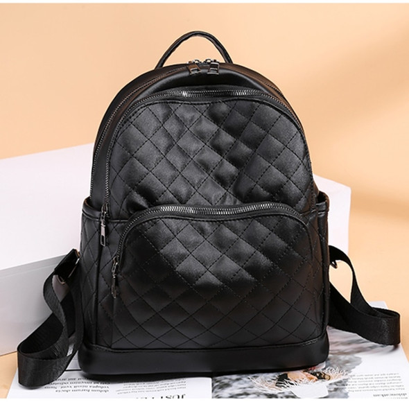 Rhombus Texture Soft PU Leather Double Shoulders School Bag Travel Backpack Bag (Black)