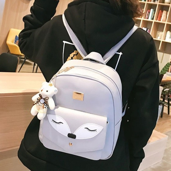 3 in 1 Fox Shape PU Leather Double Shoulders School Bag Travel Backpack Bag with Bear Doll Pendant (Grey)