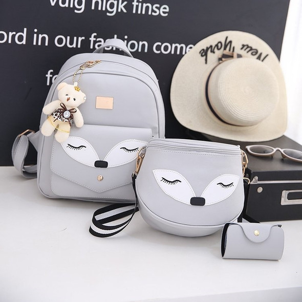 3 in 1 Fox Shape PU Leather Double Shoulders School Bag Travel Backpack Bag with Bear Doll Pendant (Grey)